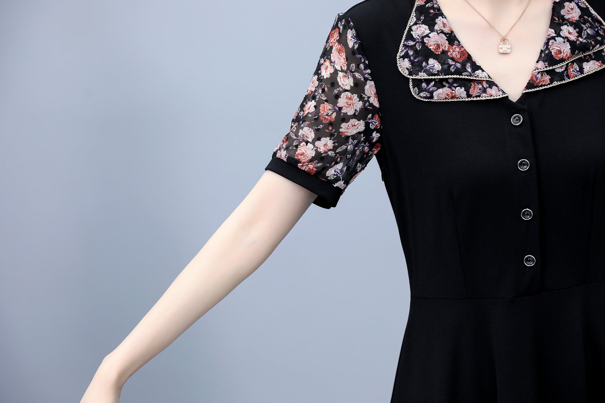 26-Women's Peter Pan Collar Short Sleeve Midi Dress - LAI MENG FIVE CATS