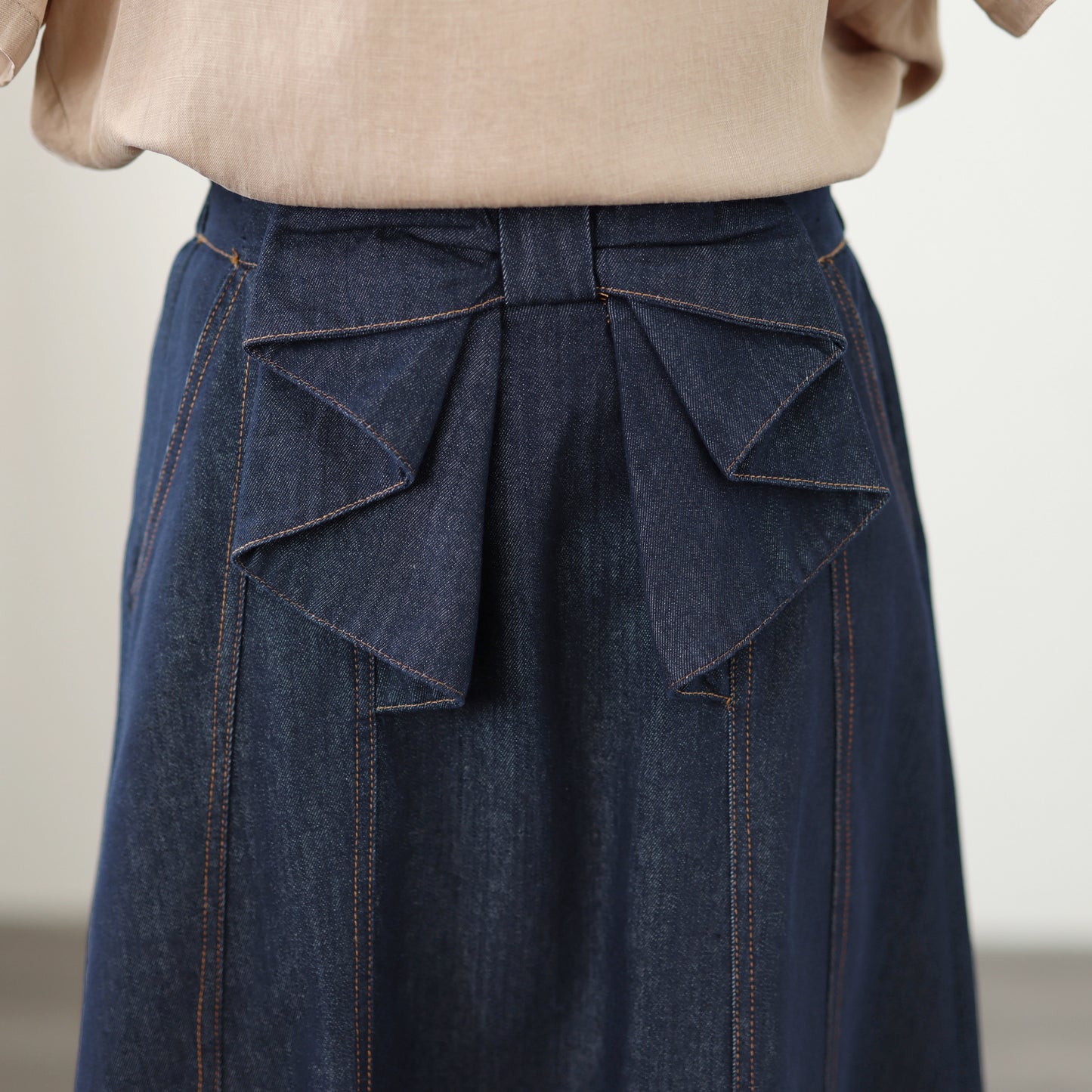 Bow Waist Denim Midi Skirt – Dark Wash Quiet Luxury Skirt