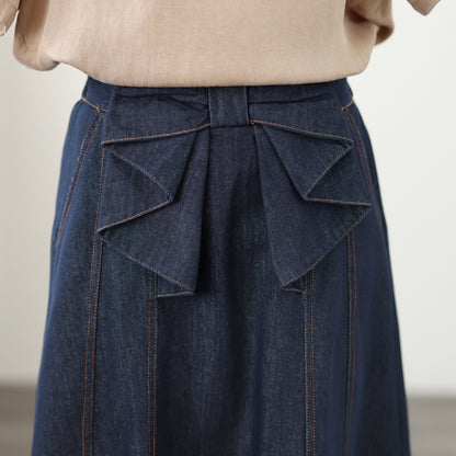 Bow Waist Denim Midi Skirt – Dark Wash Quiet Luxury Skirt