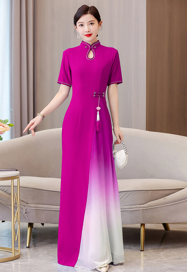 Women's Cheongsam Short Sleeve Qipao Long Dress