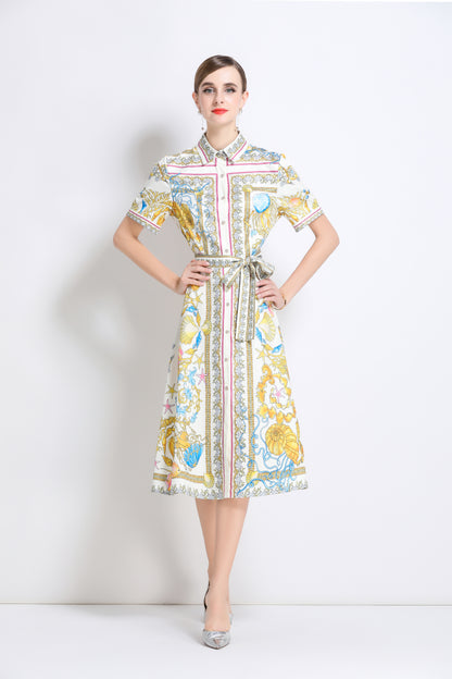 Women's Short Sleeve Button Floral Print  Midi Dress