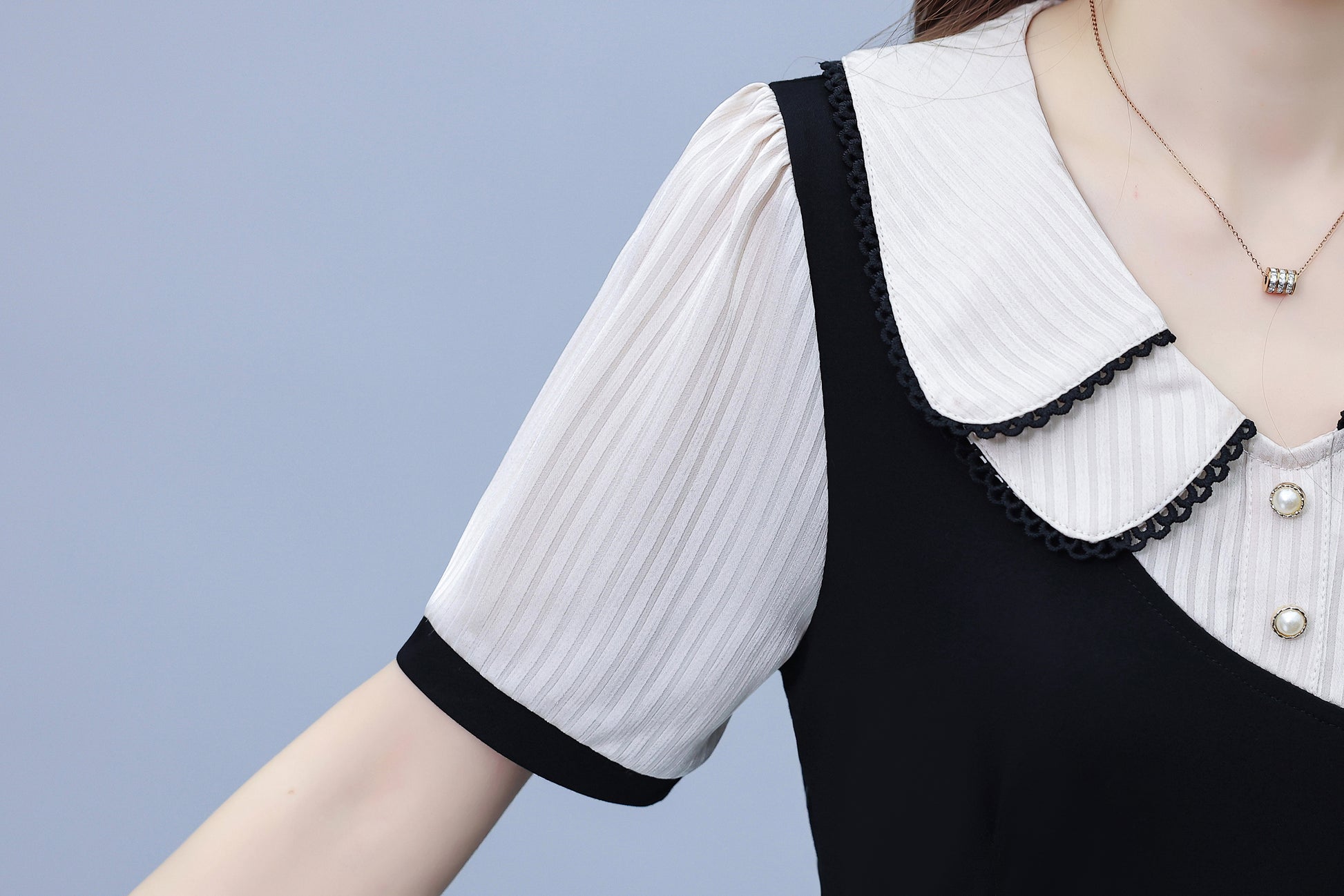 Women's Peter Pan Collar Short Sleeve Pocket Midi Dress - LAI MENG FIVE CATS