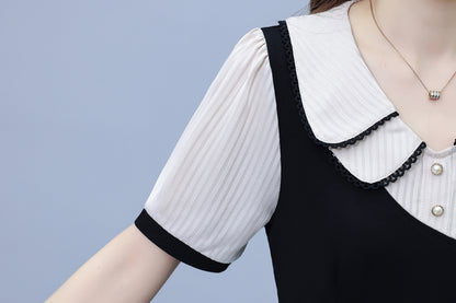 Women's Peter Pan Collar Short Sleeve Pocket Midi Dress - LAI MENG FIVE CATS