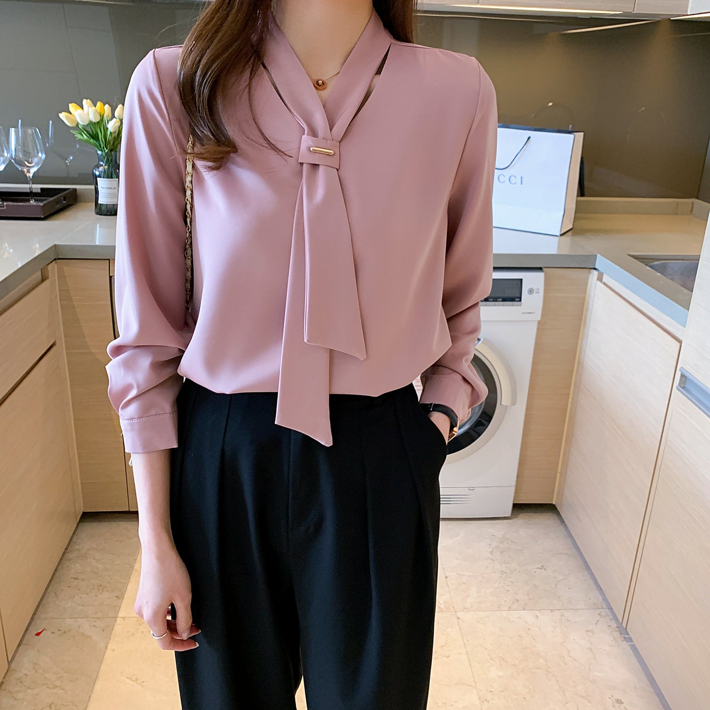 Women's Silk Satin Shirt Tie Neck Long Sleeve Blouse - LAI MENG FIVE CATS
