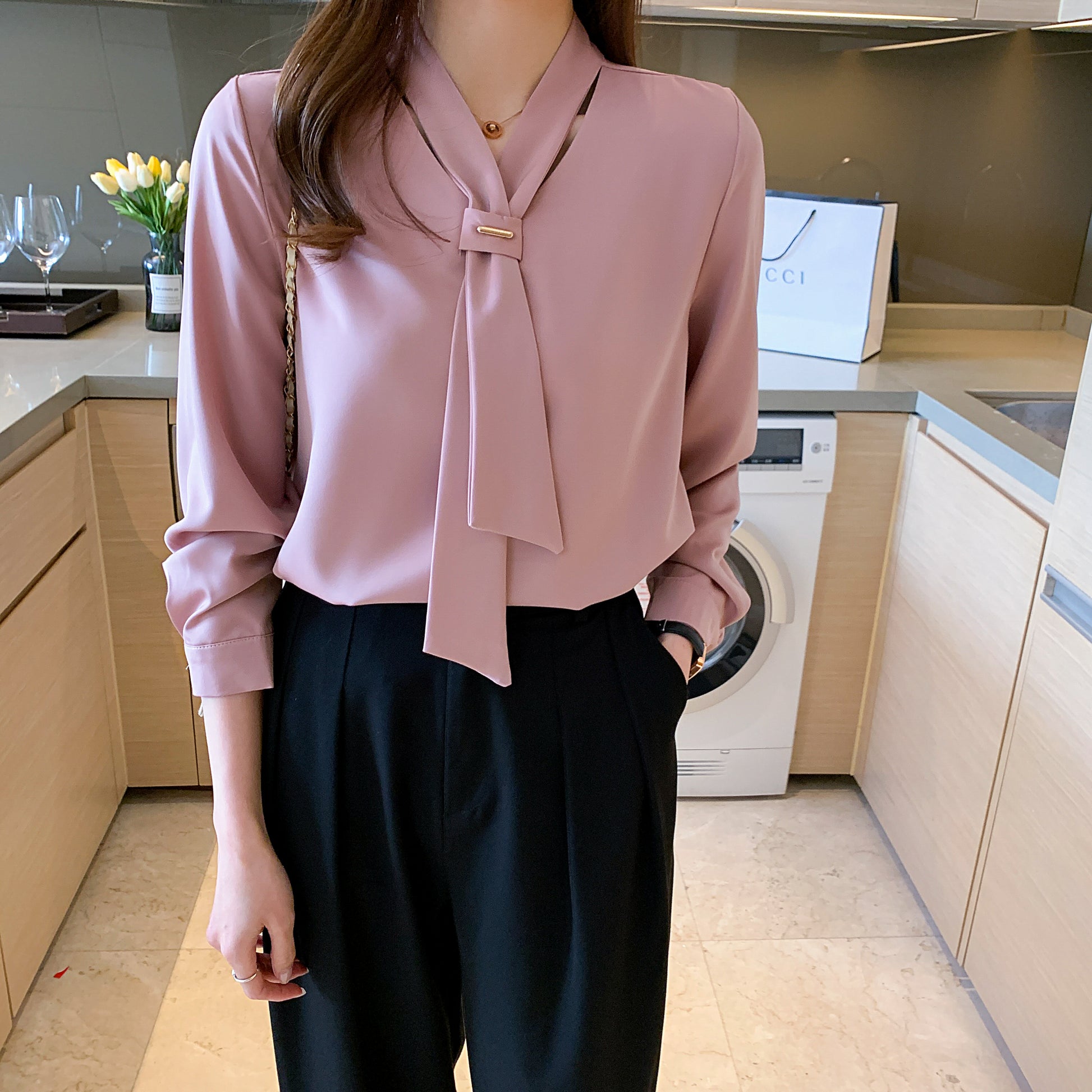 Women's Silk Satin Shirt Tie Neck Long Sleeve Blouse - LAI MENG FIVE CATS