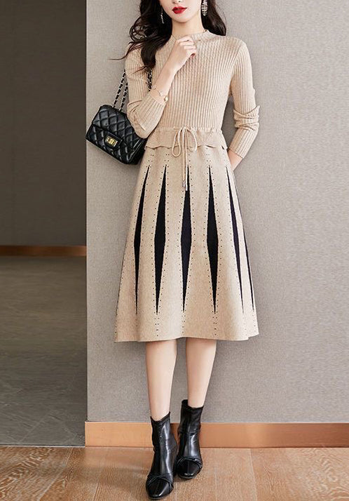 Women Stripe Crew Neck Drawstring Knit Dress