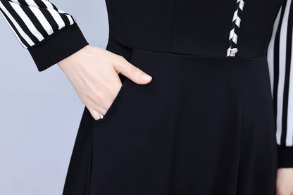 Women's V-Neck Long Sleeve with Pockets Black Dress