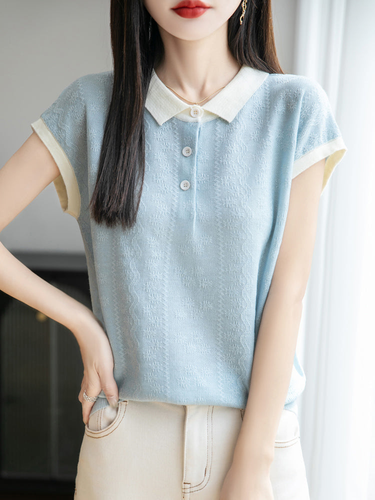 Women's Polo Shirt Knit Tops Color Block Blouse
