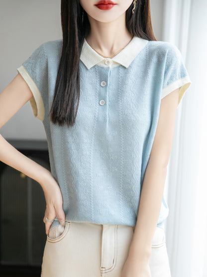 Women's Polo Shirt Knit Tops Color Block Blouse
