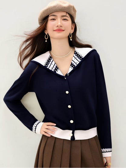 Women's Sailor Collar Long Sleeve Stripe Cardigan Sweater