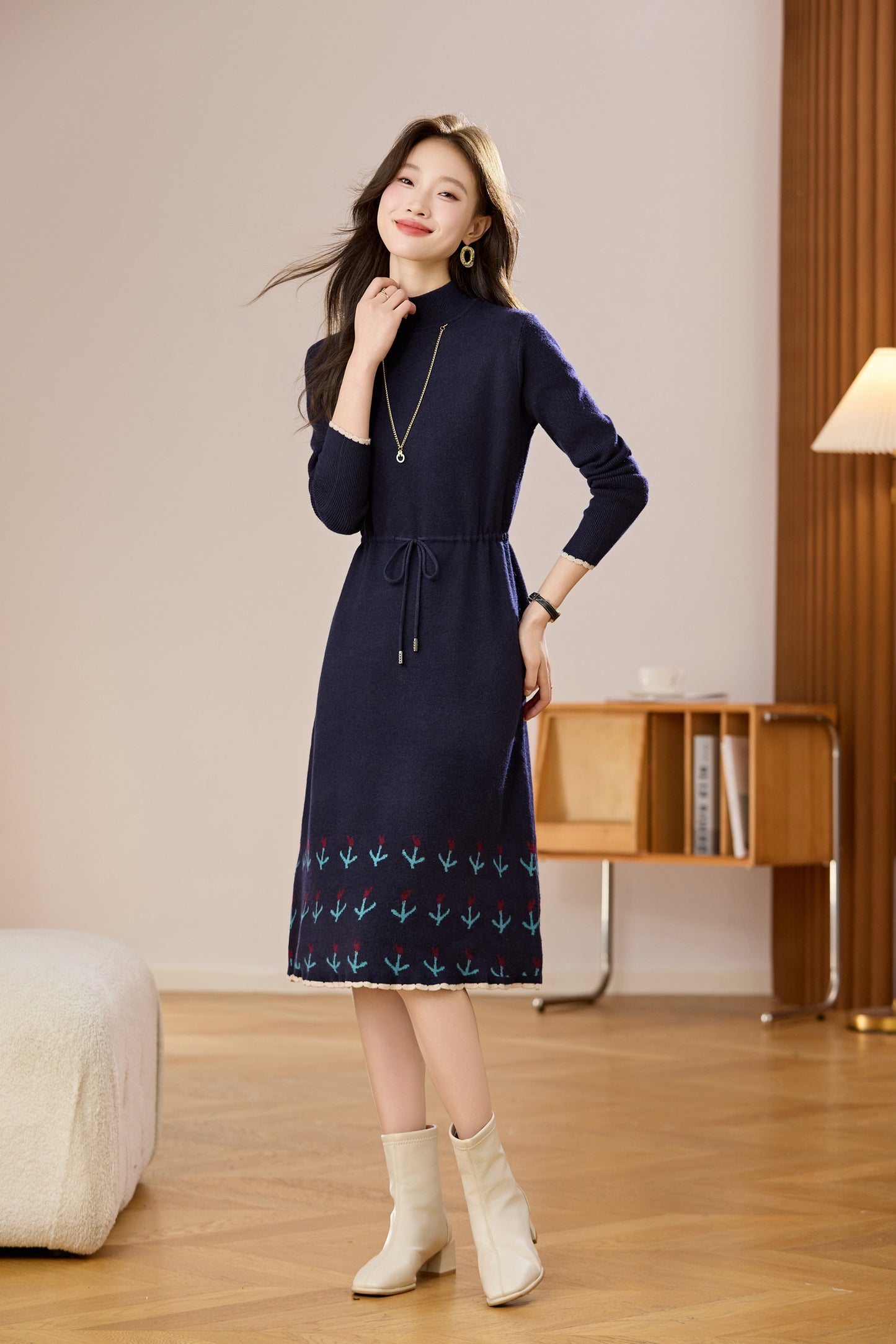 Women's Wool Sweater Drawstring Waist Print Knit Midi Dress