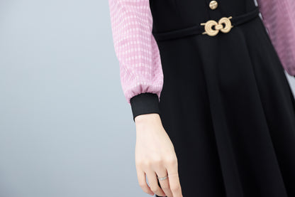 Women's Lapel V-Neck Pocket Long Sleeve Black Dress