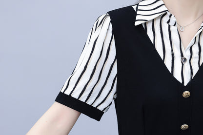 Women's Lapel V-Neck Pocket Short Sleeve Midi Dress - LAI MENG FIVE CATS