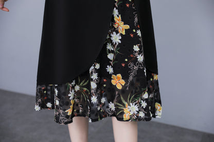 Women's V-Neck Long Sleeve Patchwork Black Dress