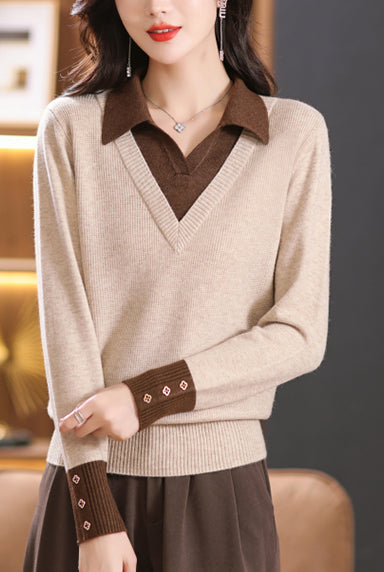 Elegant Layered Knit Sweater with Polo Collar Long Sleeve Knit Pullover - LAI MENG FIVE CATS