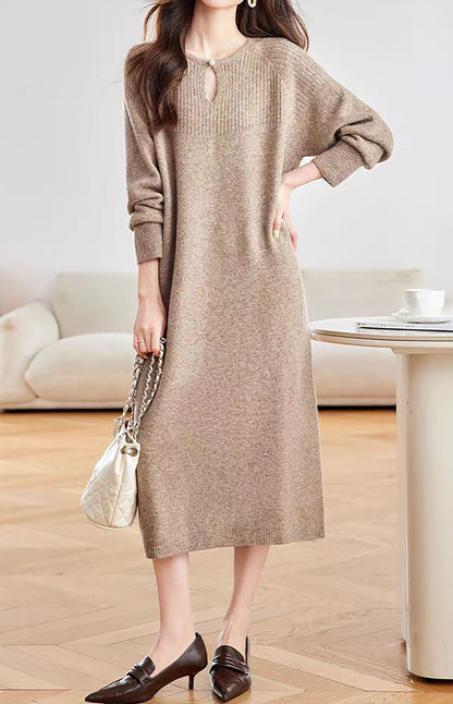 28721 Women's Keyhole Neck Knit Midi Dress – Relaxed Fit | 3 Colors