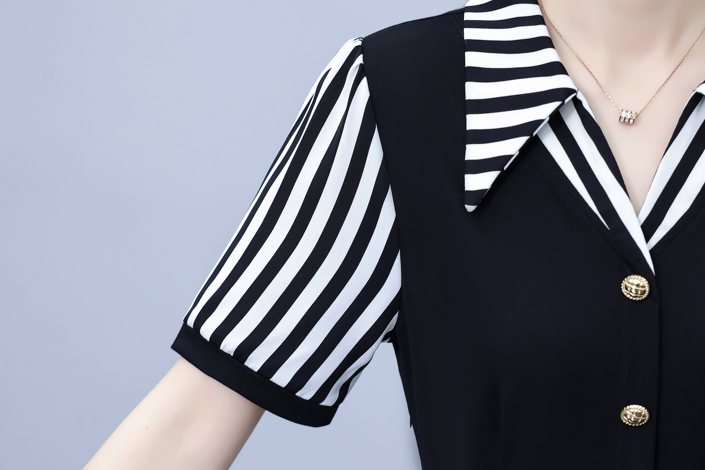 Women's Lapel V-Neck Pocket Short Sleeve Midi Dress - LAI MENG FIVE CATS