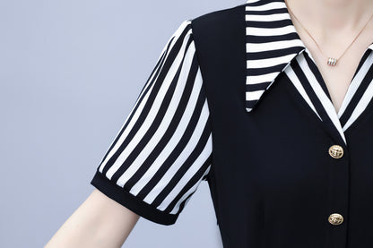 Women's Lapel V-Neck Pocket Short Sleeve Midi Dress - LAI MENG FIVE CATS