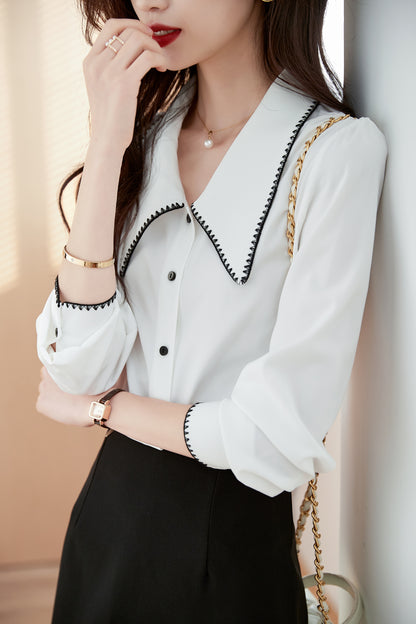 Women's Contrast Collar V Neck Lantern Sleeve Blouse