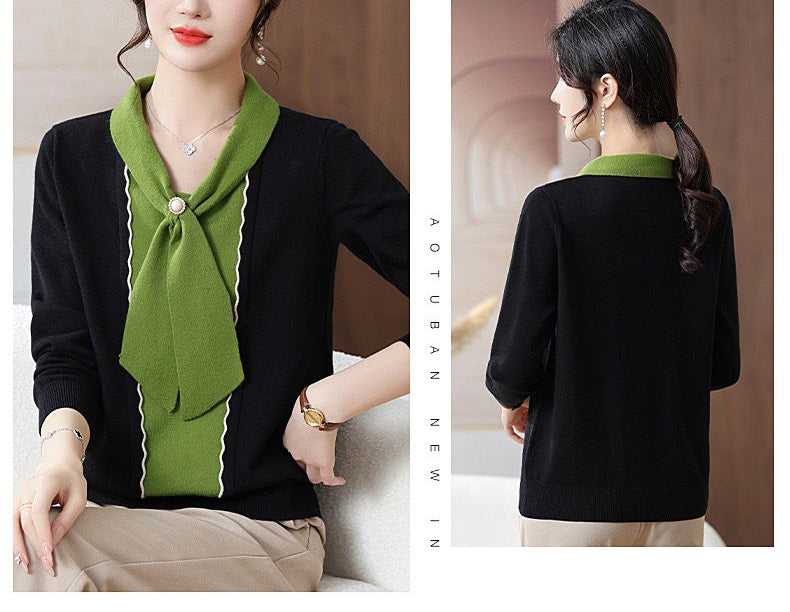 Women's Tie Neck Sweater Color Block Knit Pullover Tops
