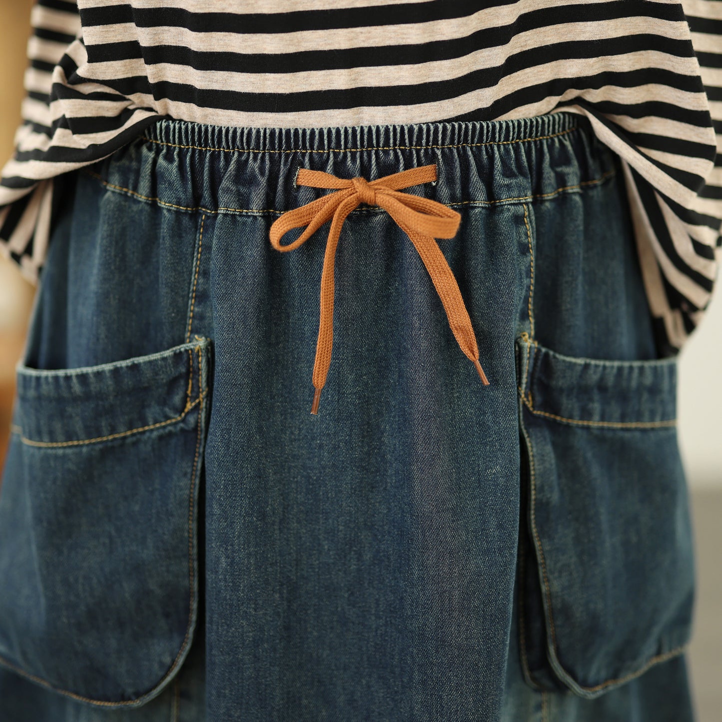 Women's Denim Drawstring Waist Pockets Jean Skirt