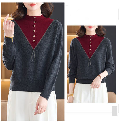 Women's Mock Neck Ribbed Sweaters Knit Patchwork Tops