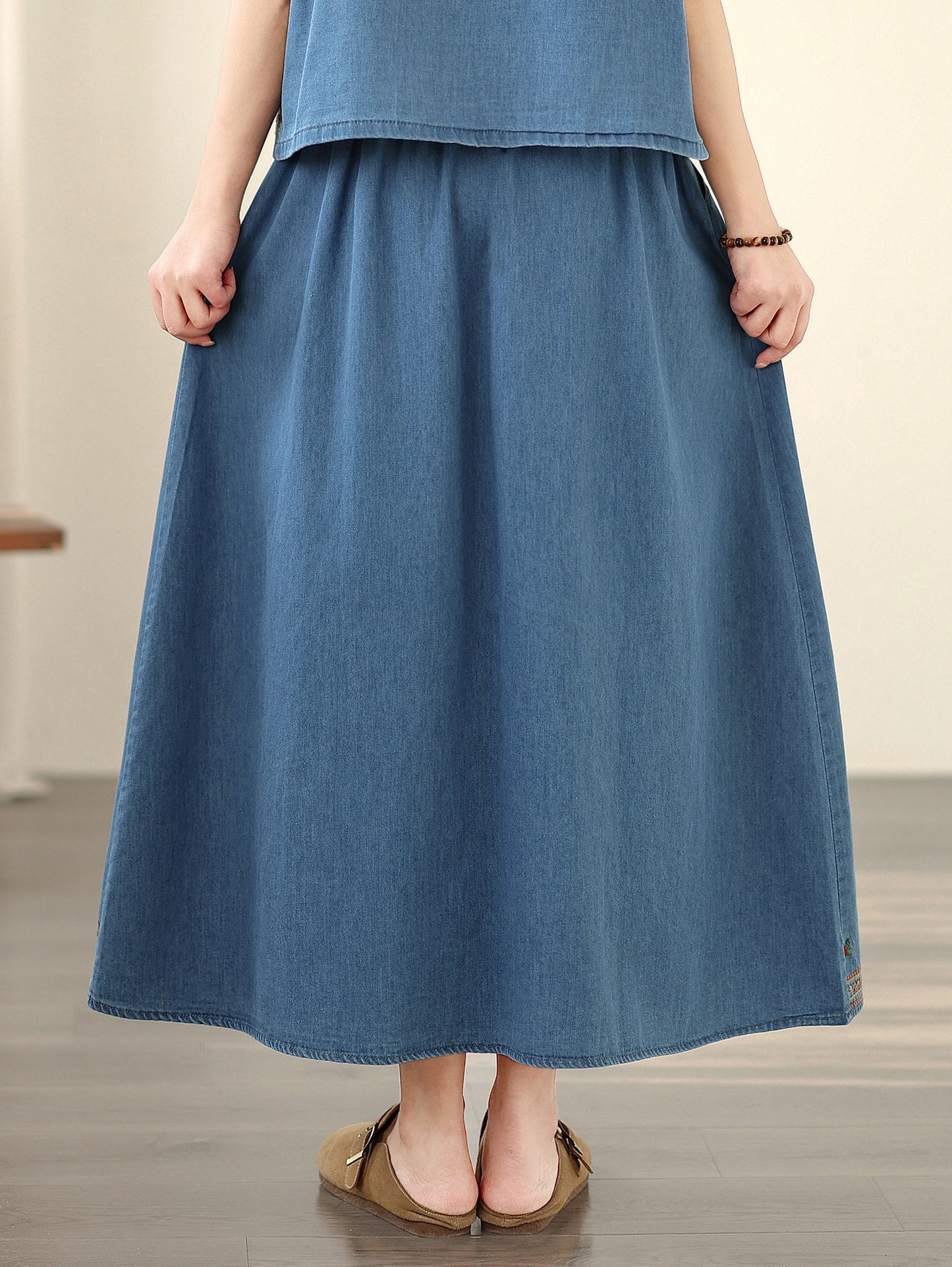 Women's Embroidered Elastic Waist Denim Jean Maxi Skirt Pocket - LAI MENG FIVE CATS
