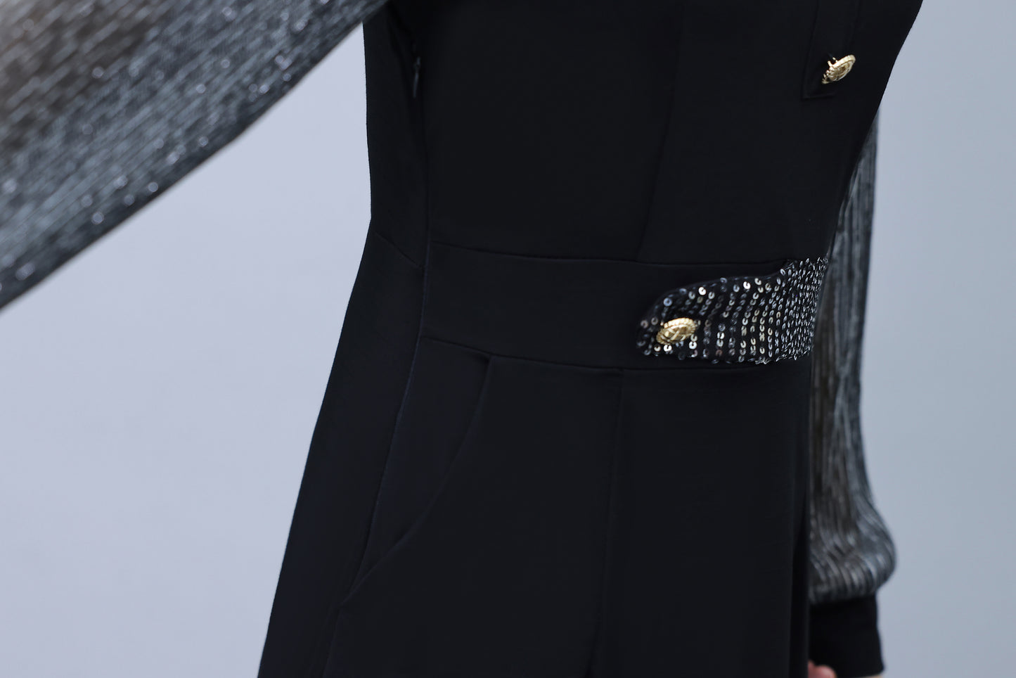 Women's V-Neck Long Sleeve with Pockets Black Dress