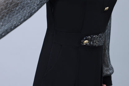 Women's V-Neck Long Sleeve with Pockets Black Dress