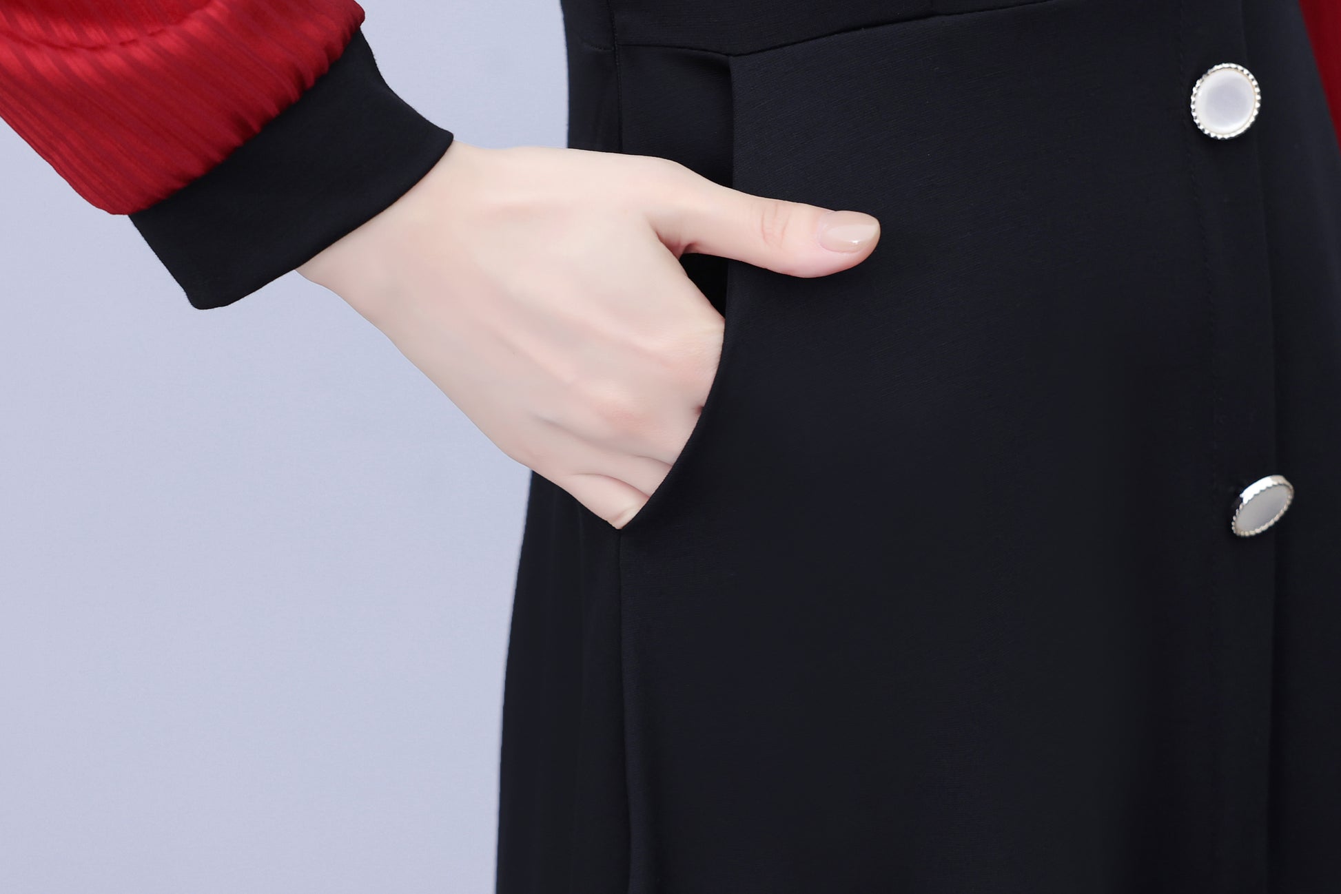 Women's V-Neck Long Sleeve with Pockets Black Dress - LAI MENG FIVE CATS