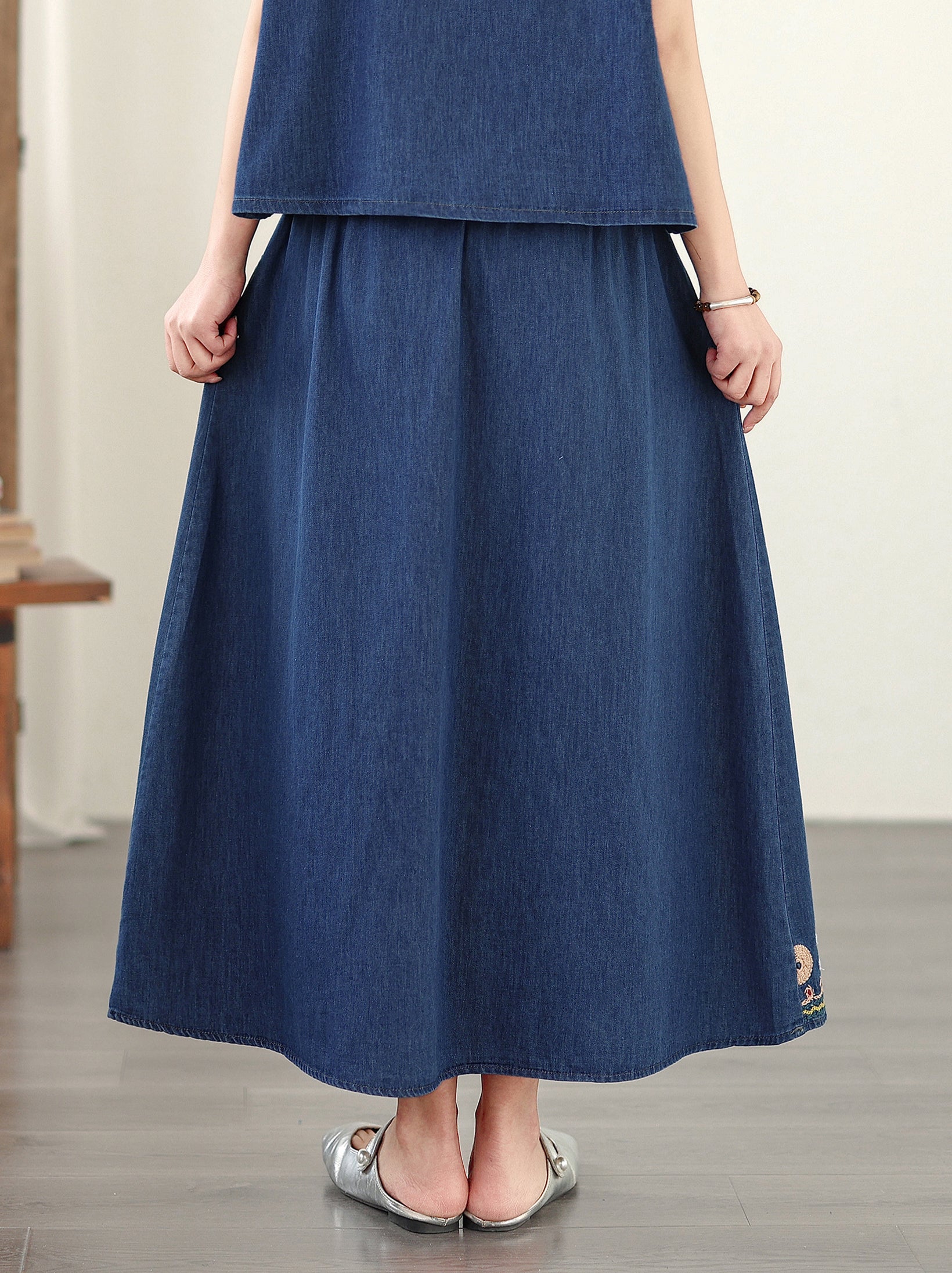 Women's Embroidered Elastic Waist Denim Jean Maxi Skirt Pocket - LAI MENG FIVE CATS