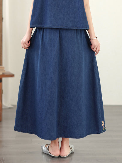 Women's Embroidered Elastic Waist Denim Jean Maxi Skirt Pocket - LAI MENG FIVE CATS