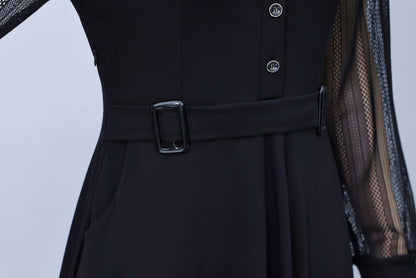 Women's V-Neck Long Sleeve with Pockets Black Dress