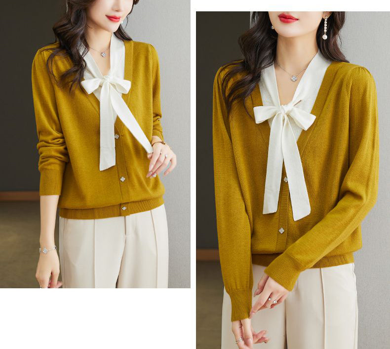 Women's Color Block Tie Neck Knit Top Sweater