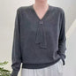 Women's Tie V-Neck Sweater Solid Color Pullover Tops