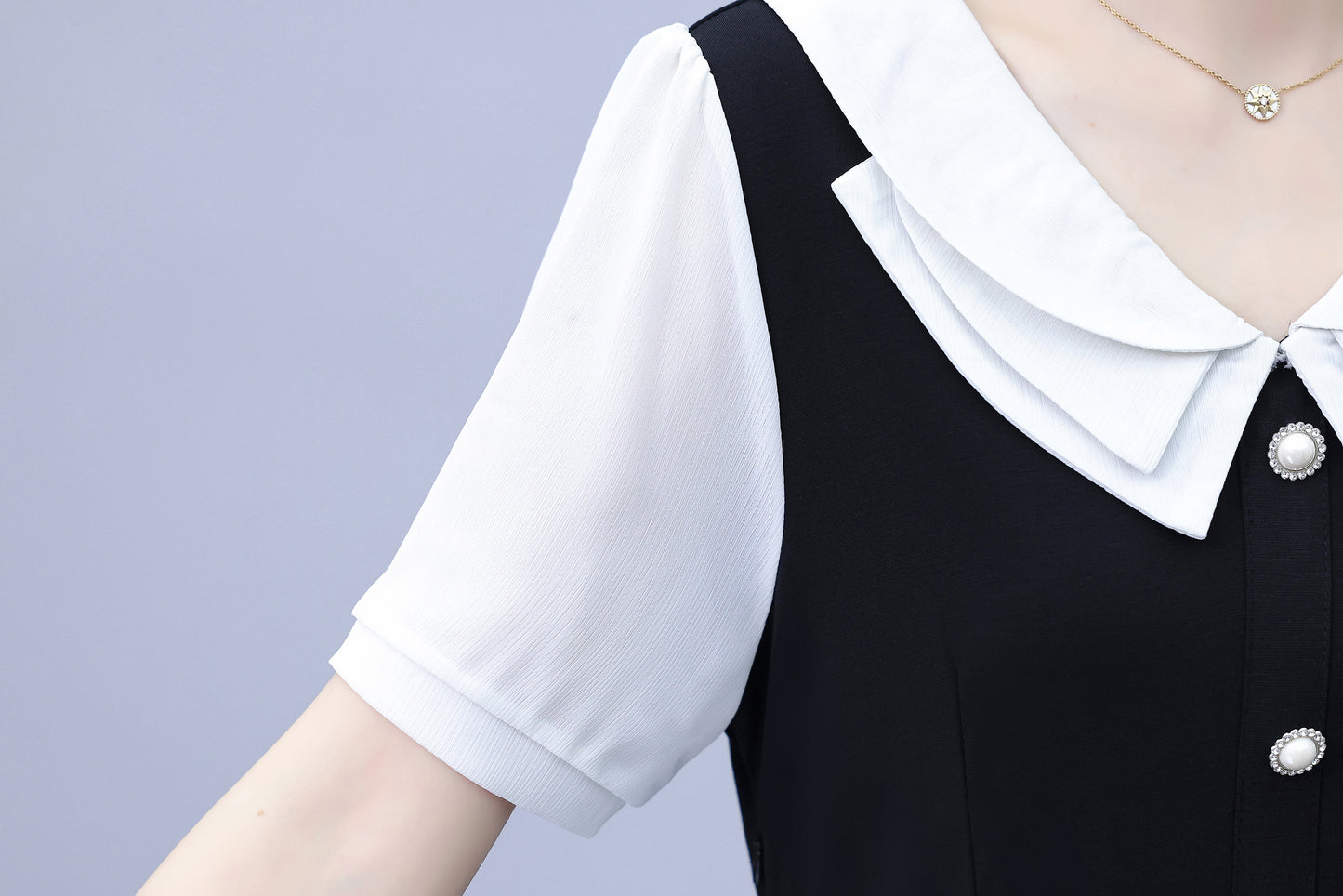 Women's Peter Pan Collar Short Sleeve A-line Midi Dress - LAI MENG FIVE CATS