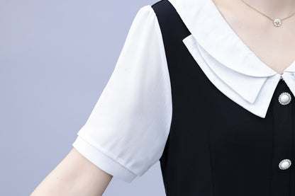 Women's Peter Pan Collar Short Sleeve A-line Midi Dress - LAI MENG FIVE CATS