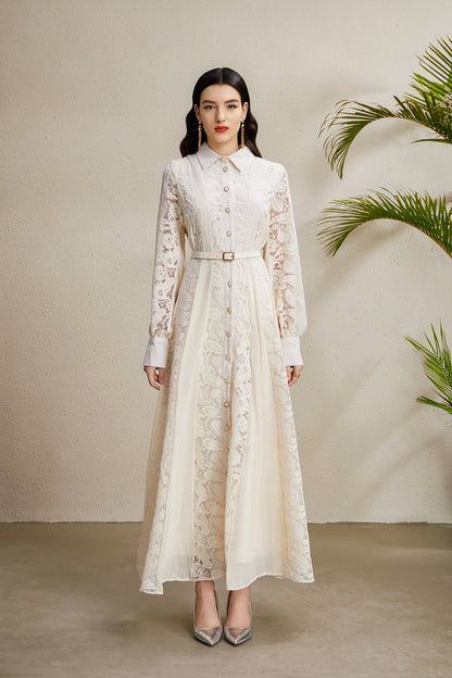 Women's Floral Print Lace Puff Sleeve Maxi Dress