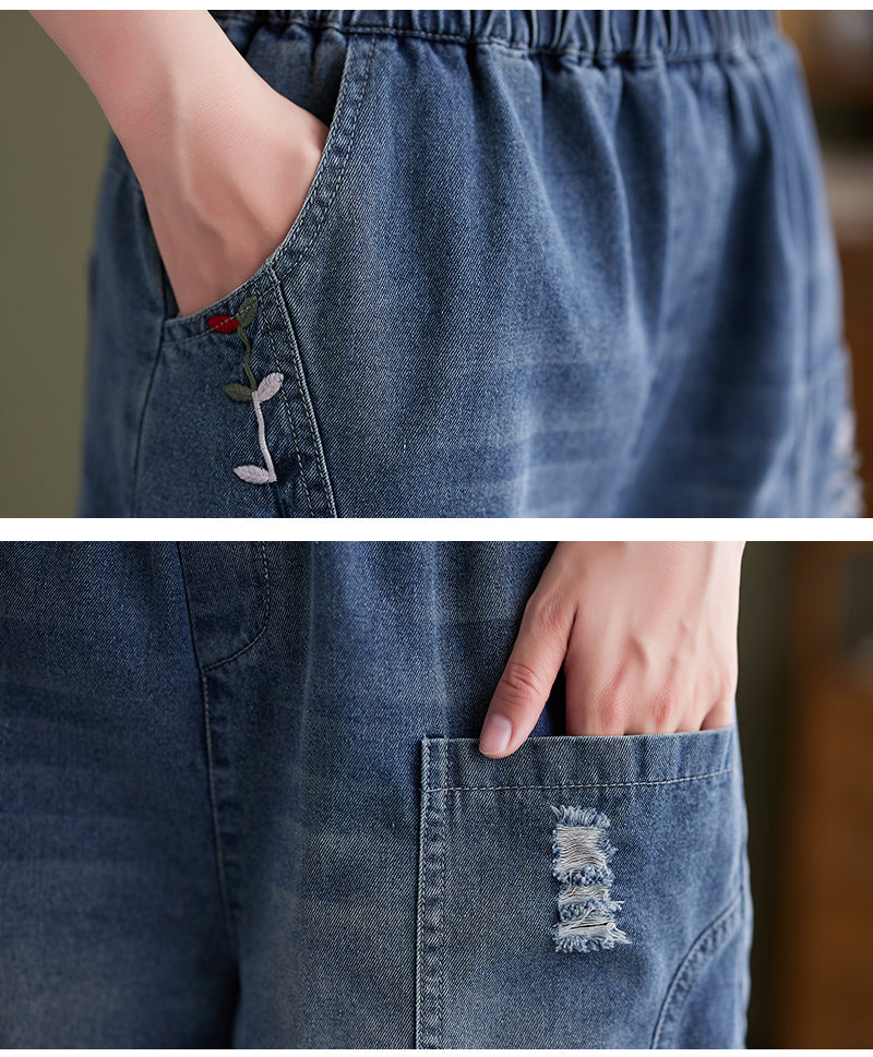 Women's Baggy Pull On Jeans Ripped Denim Shorts - LAI MENG FIVE CATS