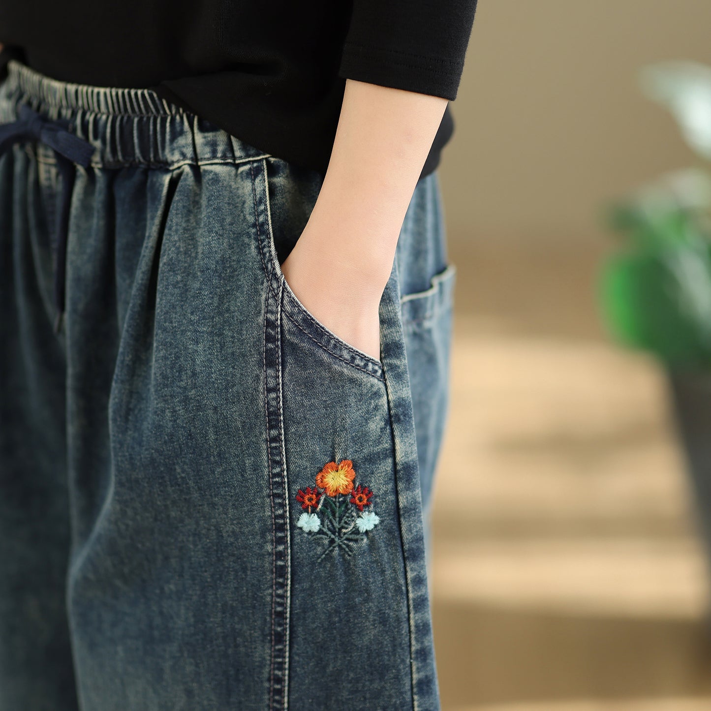 26-Women's Denim Wide Leg Baggy Elastic Waist  Jeans