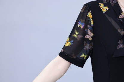 Women's Tie V-Neck Short Sleeve Pocket Midi Dress