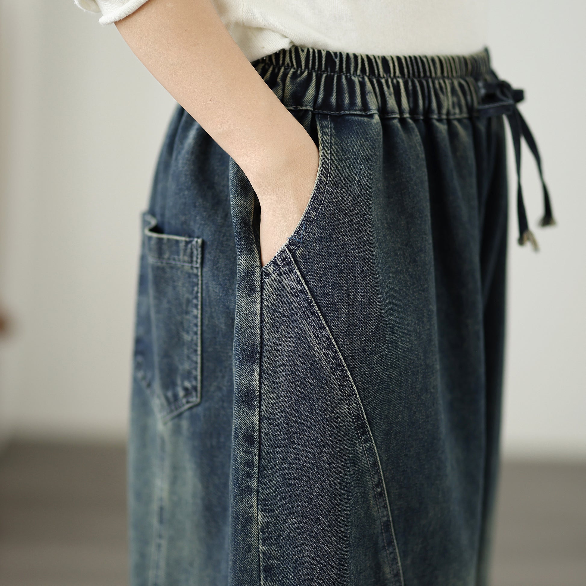 Jeans for Women Wide Leg Pull On Elastic Waist Denim - LAI MENG FIVE CATS