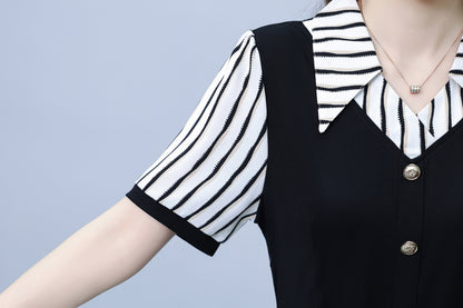 Women's Lapel V-Neck Pocket Short Sleeve Midi Dress - LAI MENG FIVE CATS