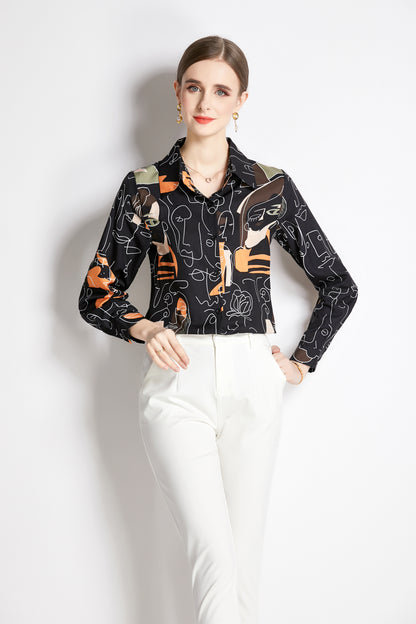 ESY-Women's Long Sleeve Lapel Collar Print Button Blouse