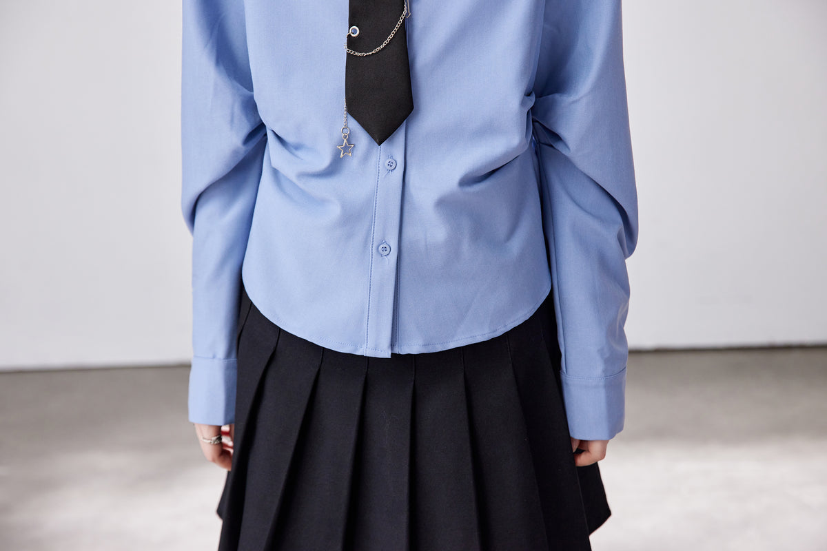Elegant Light Blue Slim-Fit Shirt with Side Ruching & Tie Detail