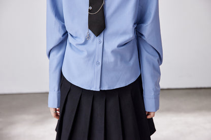 Elegant Light Blue Slim-Fit Shirt with Side Ruching & Tie Detail