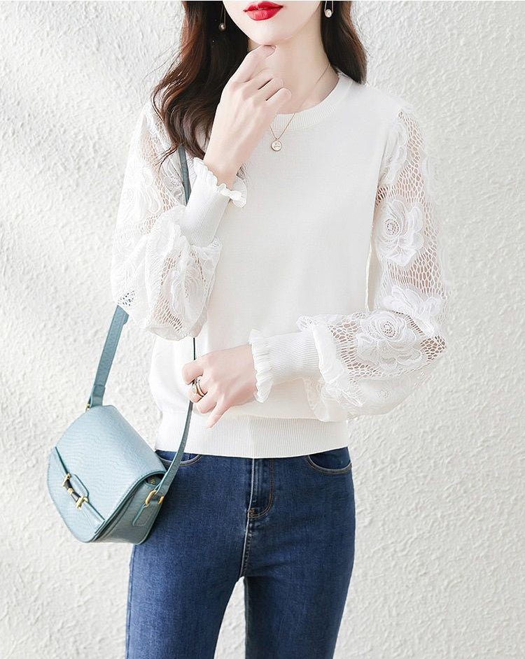 Women's Sweater Puff Sleeve Lace Knit Pullover Tops
