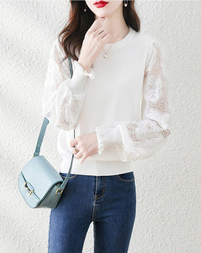 Women's Sweater Puff Sleeve Lace Knit Pullover Tops