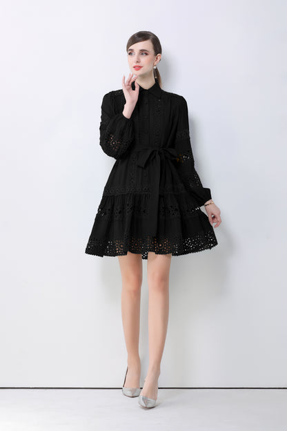 Women's Hollow Out Lace Puff Sleeve Button Mini Dress - LAI MENG FIVE CATS