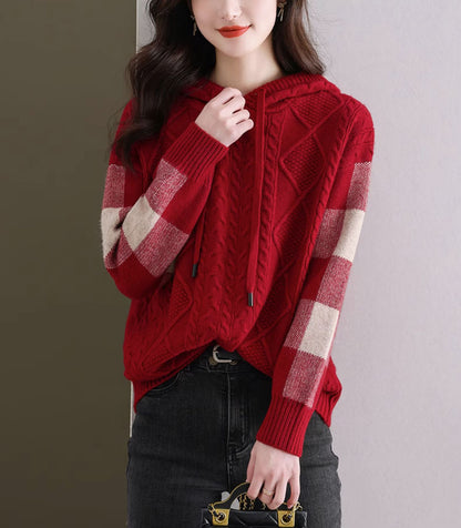 Women's Hoodies Plaid Ribbed Sweater Knit Tops